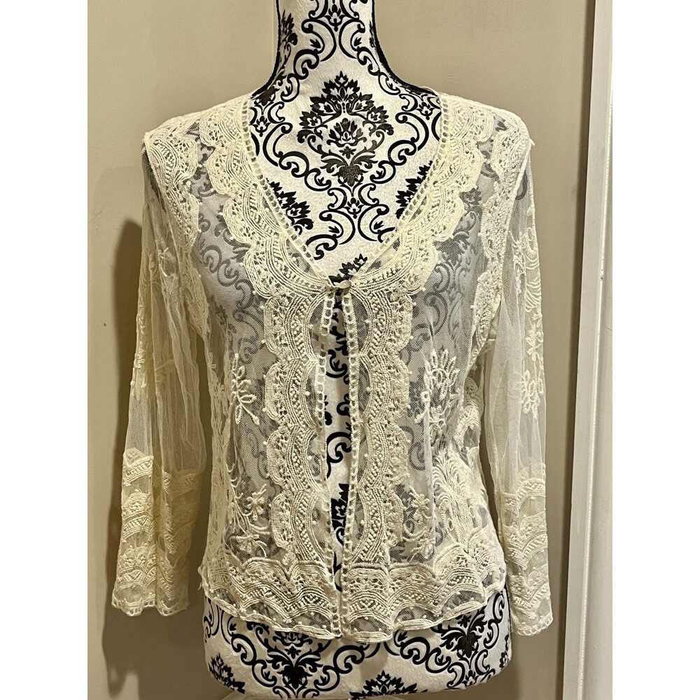 Womens Cottagecore Crochet Cardigan Size L Boho Lace Open Knit Sheer Elegant